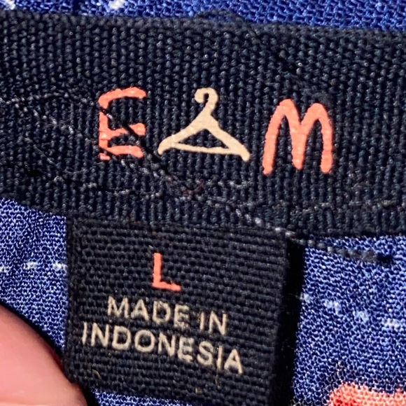 Cobalt blue blouse with pink flowers and white square outlines [Size Large] - Picture 3 of 6